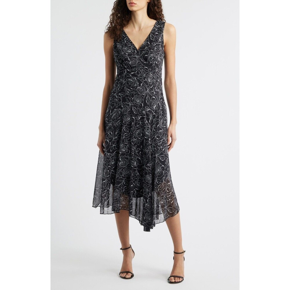 Connected Womens Floral-Print MIDI Dress Black Sleeveless Asymmetric Hem Yoryu 4